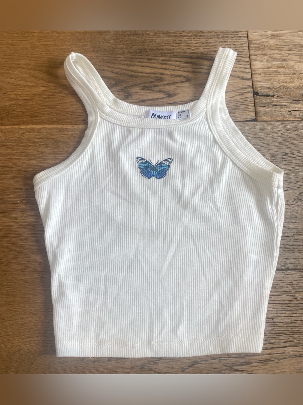 Princess Polly White Ribbed Tank with Blue Butterfly